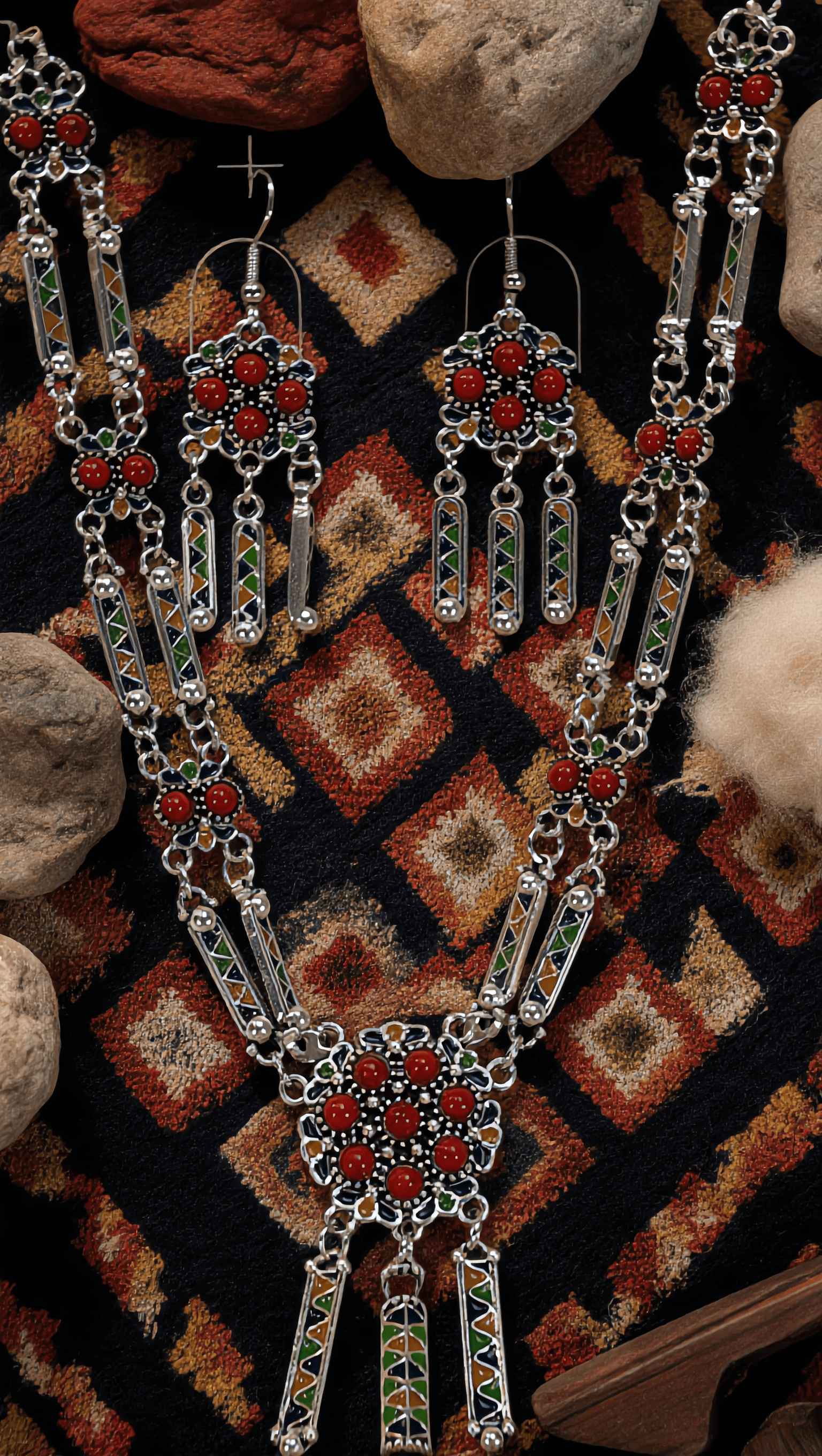 Parure Kabyle Filigrane Corail | Collier Boucles Bague Bracelet | Émail Multicolore