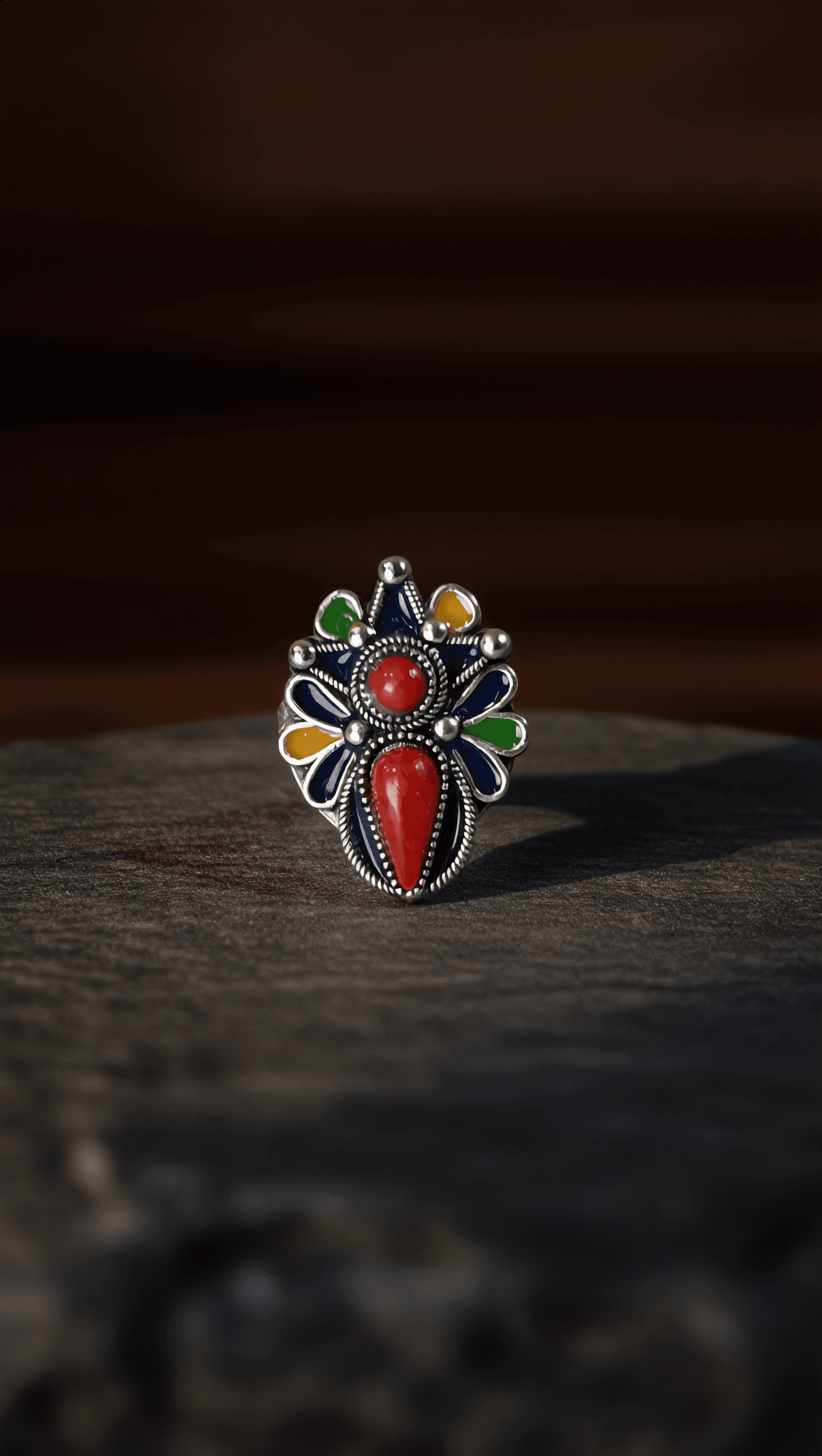 Bague Kabyle Émail Floral Multicolore | Corail & Argent | Artisanat Berbère